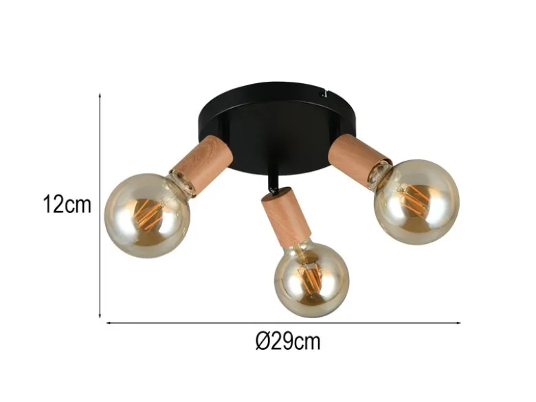 LED Deckenstrahler 3-flammig rund aus Metall in Schwarz & Holzoptik, Ø 29cm