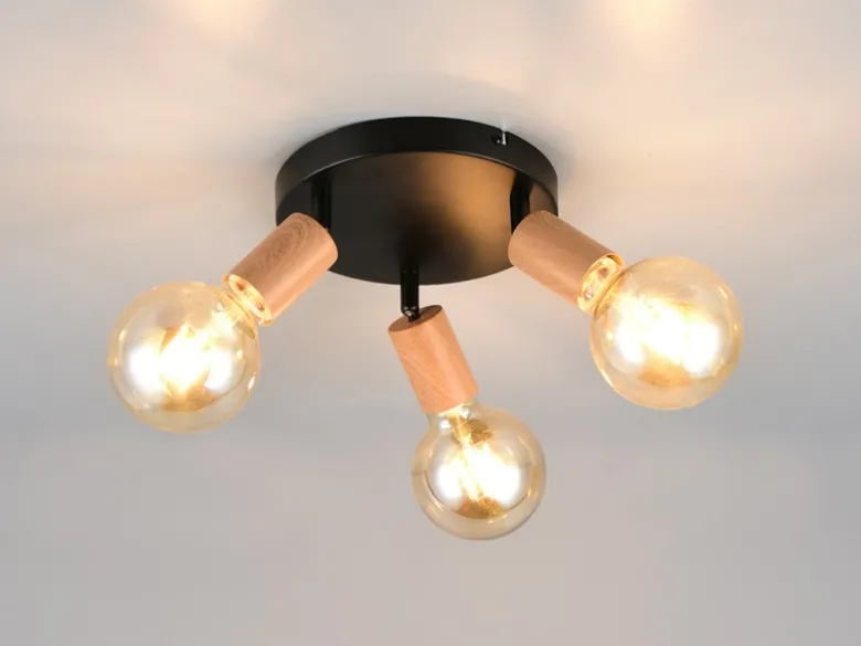 LED Deckenstrahler 3-flammig rund aus Metall in Schwarz & Holzoptik, Ø 29cm