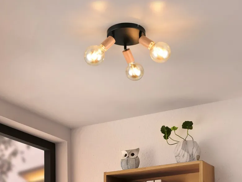 LED Deckenstrahler 3-flammig rund aus Metall in Schwarz & Holzoptik, Ø 29cm