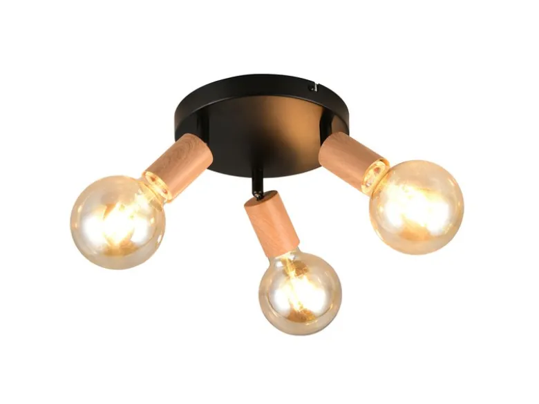 LED Deckenstrahler 3-flammig rund aus Metall in Schwarz & Holzoptik, Ø 29cm