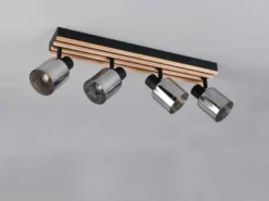 LED Deckenstrahler 4-flammig, Rauchglas Schwarz & Holzlamellen, Breite 64,5cm