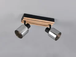 LED Deckenstrahler 2-flammig, Rauchglas Schwarz & Holzlamellen, Breite 38,5cm