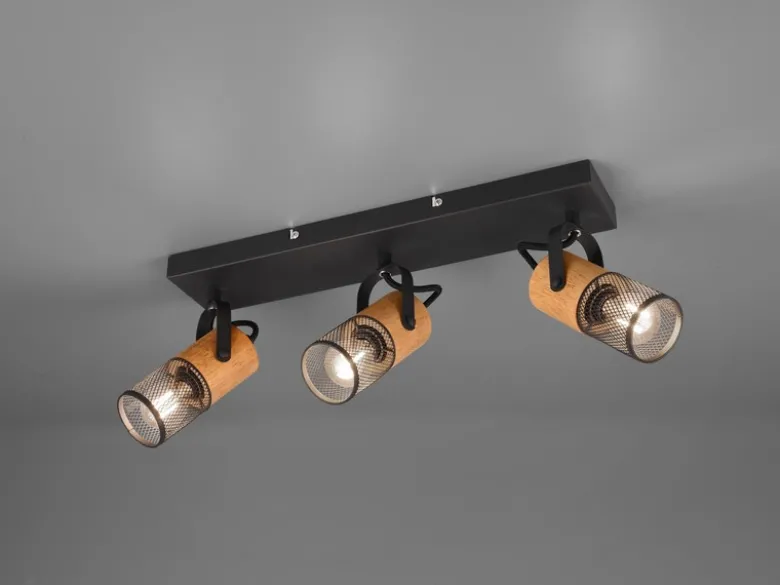 LED Deckenstrahler 3-flammig, Schwarz mit Holz & Gitterschirmen, Breite 44cm