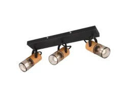 LED Deckenstrahler 3-flammig, Schwarz mit Holz & Gitterschirmen, Breite 44cm