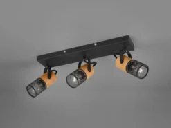 LED Deckenstrahler 3-flammig, Schwarz mit Holz & Gitterschirmen, Breite 44cm