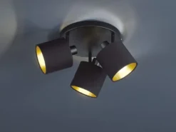 LED Deckenstrahler 3-flammig Schwarz, Stoffschirme Schwarz Gold, Ø 25cm