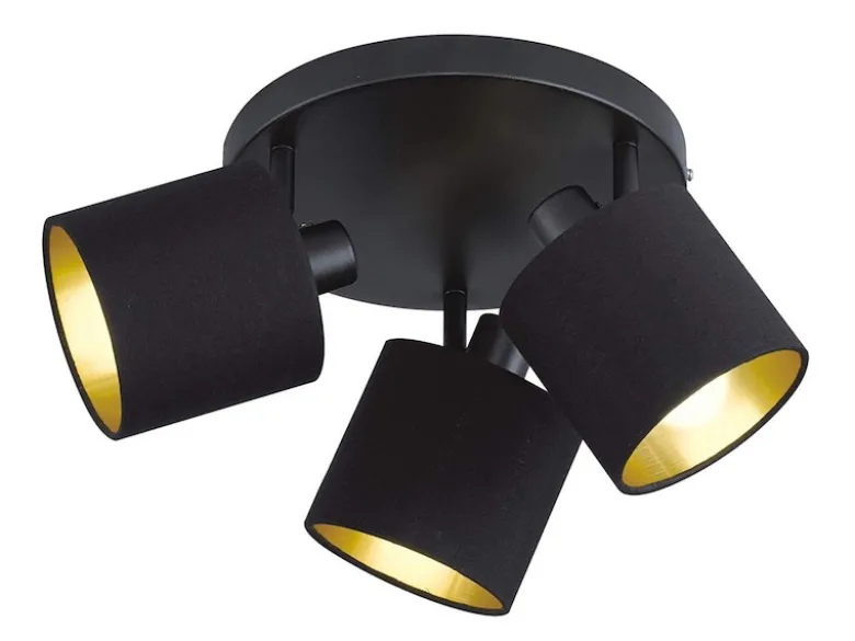 LED Deckenstrahler 3-flammig Schwarz, Stoffschirme Schwarz Gold, Ø 25cm