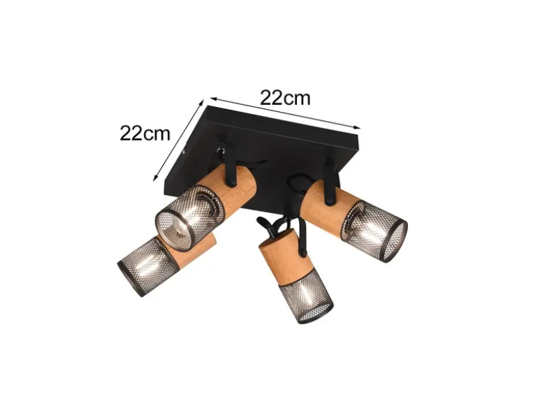 LED Deckenstrahler 4-flammig, Schwarz mit Holz, Quadrat 22cm