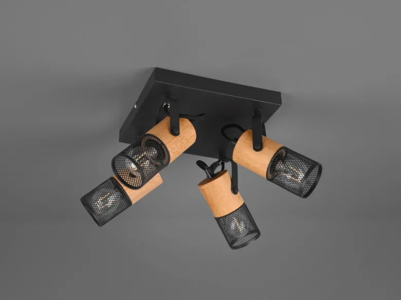 LED Deckenstrahler 4-flammig, Schwarz mit Holz, Quadrat 22cm