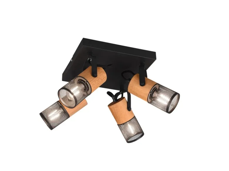 LED Deckenstrahler 4-flammig, Schwarz mit Holz, Quadrat 22cm