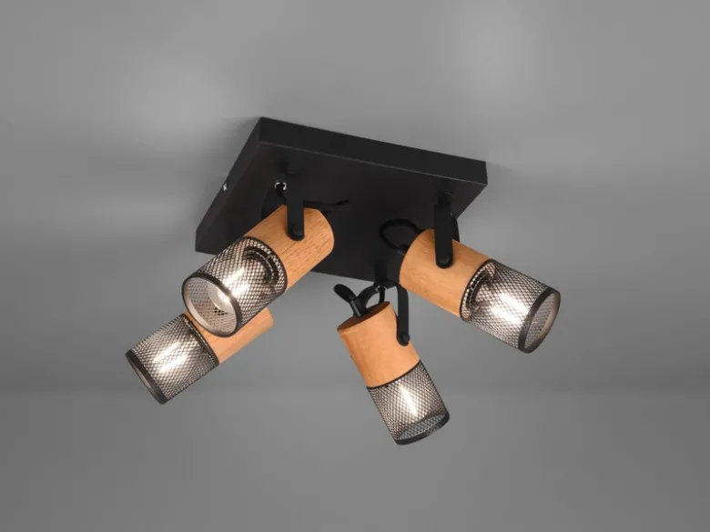 LED Deckenstrahler 4-flammig, Schwarz mit Holz, Quadrat 22cm