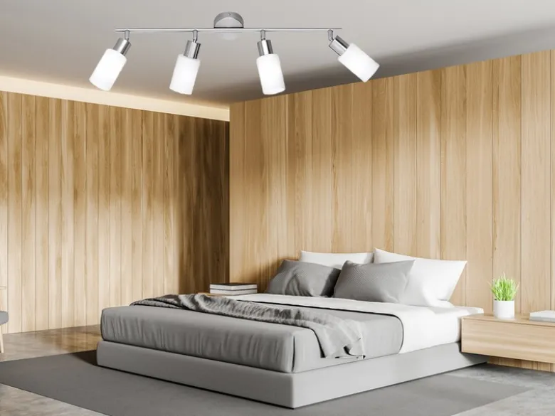 LED Deckenstrahler 4-flammig Silber mit Glas Lampenschirmen Weiß, Breite 60cm