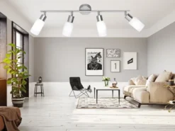 LED Deckenstrahler 4-flammig Silber mit Glas Lampenschirmen Weiß, Breite 60cm