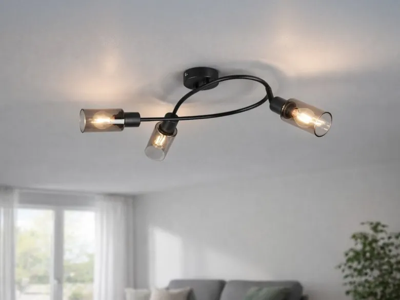 LED Deckenstrahler 3-flammig Schwarz mit Rauchglas Lampenschirmen, Breite 45cm