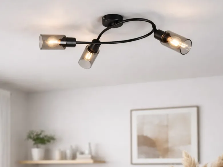 LED Deckenstrahler 3-flammig Schwarz mit Rauchglas Lampenschirmen, Breite 45cm