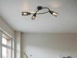 LED Deckenstrahler 3-flammig Schwarz mit Rauchglas Lampenschirmen, Breite 45cm