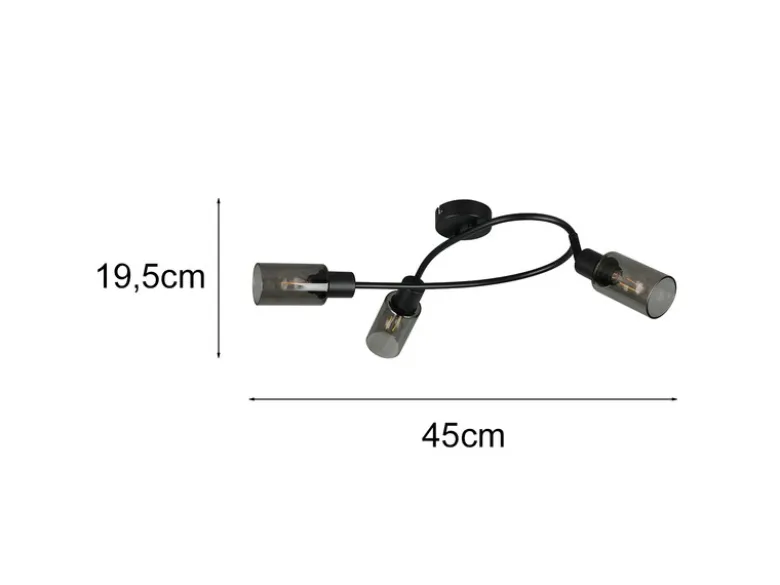 LED Deckenstrahler 3-flammig Schwarz mit Rauchglas Lampenschirmen, Breite 45cm