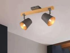 LED Deckenstrahler 2-flammig Silber antik & Gold mit Holz, Breite 42,5cm