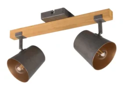LED Deckenstrahler 2-flammig Silber antik & Gold mit Holz, Breite 42,5cm