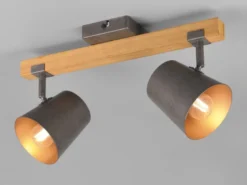 LED Deckenstrahler 2-flammig Silber antik & Gold mit Holz, Breite 42,5cm
