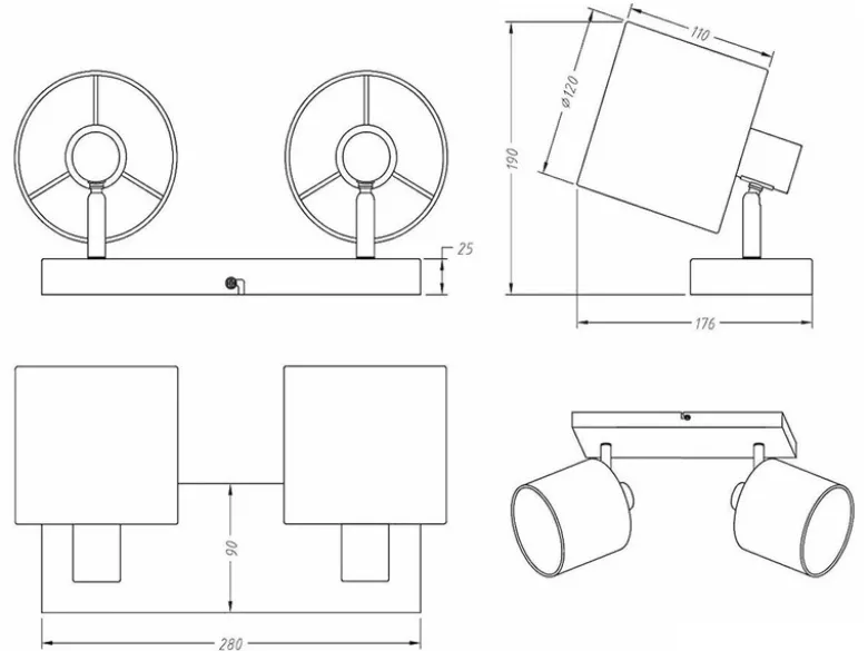 LED Deckenstrahler 2-flammig Silber, Stoffschirme Weiß, Breite 28cm