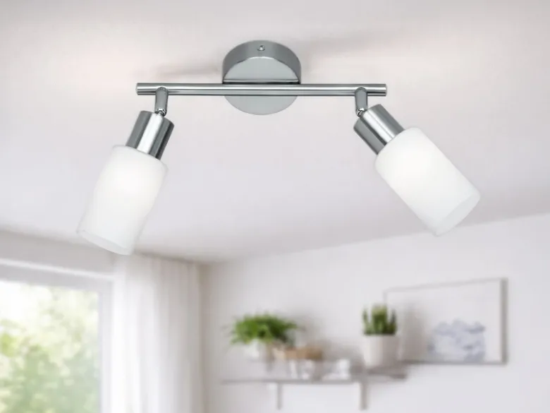 LED Deckenstrahler 2-flammig Silber mit Glas Lampenschirmen Weiß, Breite 25cm