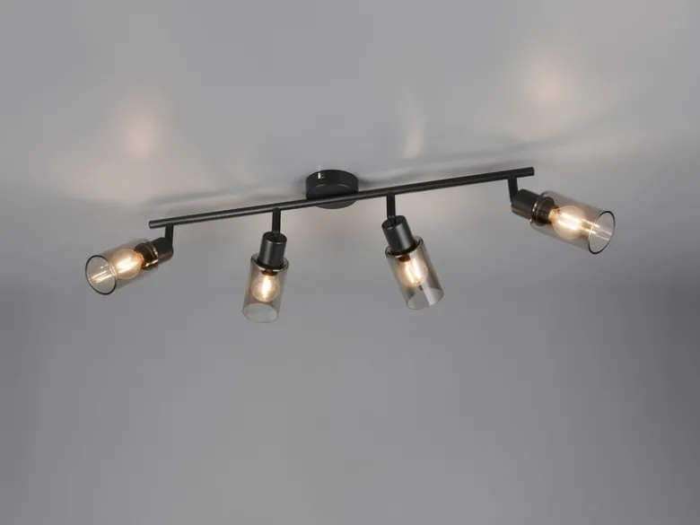 LED Deckenstrahler 4-flammig Schwarz mit Rauchglas Lampenschirmen, Breite 60cm