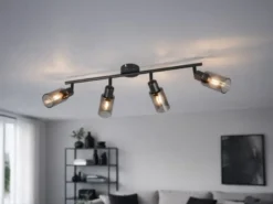 LED Deckenstrahler 4-flammig Schwarz mit Rauchglas Lampenschirmen, Breite 60cm