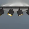 LED Deckenstrahler 4-flammig Schwarz, Stoffschirme Schwarz Gold, Breite 70cm
