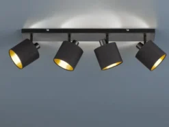 LED Deckenstrahler 4-flammig Schwarz, Stoffschirme Schwarz Gold, Breite 70cm
