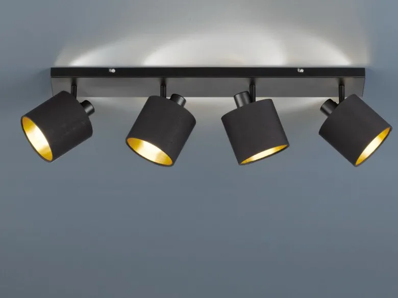 LED Deckenstrahler 4-flammig Schwarz, Stoffschirme Schwarz Gold, Breite 70cm