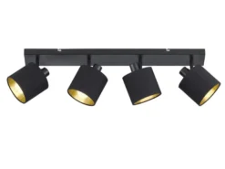 LED Deckenstrahler 4-flammig Schwarz, Stoffschirme Schwarz Gold, Breite 70cm