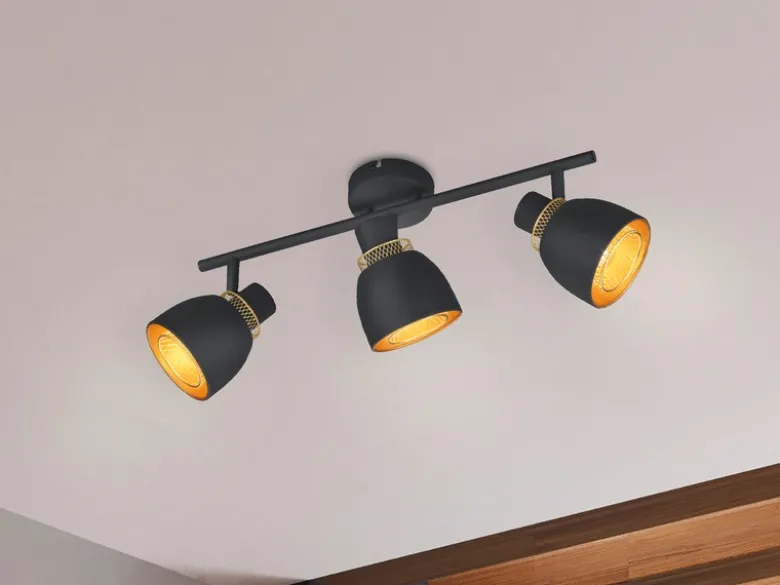 LED Deckenstrahler 3-flammig Schwarz Gold mit Drahtgeflecht, Breite 45cm