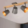 LED Deckenstrahler 3-flammig Silber antik & Gold mit Holz, Breite 54cm