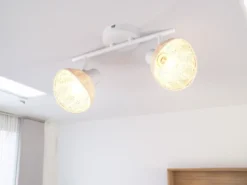 LED Deckenstrahler 2-flammig Weiß, Lampenschirme Rattan, Breite 40cm