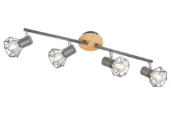 LED Deckenstrahler Grau / Holz 4-flammig, Gitterlampe schwenkbar, Breite 60cm