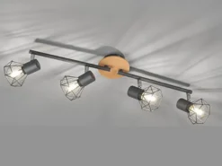 LED Deckenstrahler Grau / Holz 4-flammig, Gitterlampe schwenkbar, Breite 60cm
