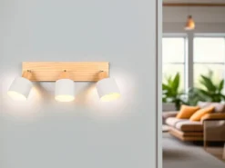 LED Deckenstrahler Hellgrau mit Holz 3-flammig, Breite 45cm