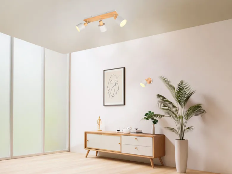 LED Deckenstrahler Hellgrau mit Holz 3-flammig, Breite 45cm