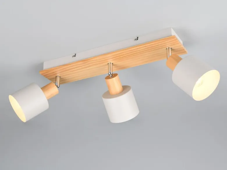 LED Deckenstrahler Hellgrau mit Holz 3-flammig, Breite 45cm
