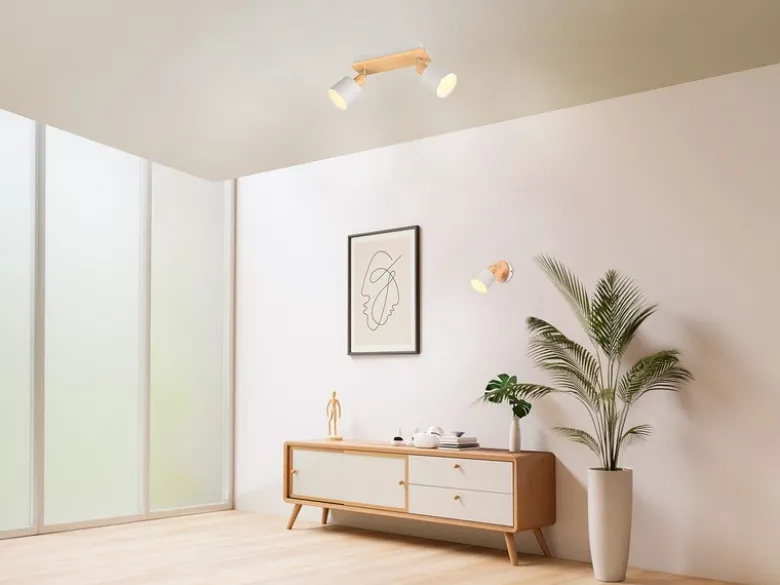 LED Deckenstrahler Hellgrau mit Holz 2-flammig, Breite 30cm