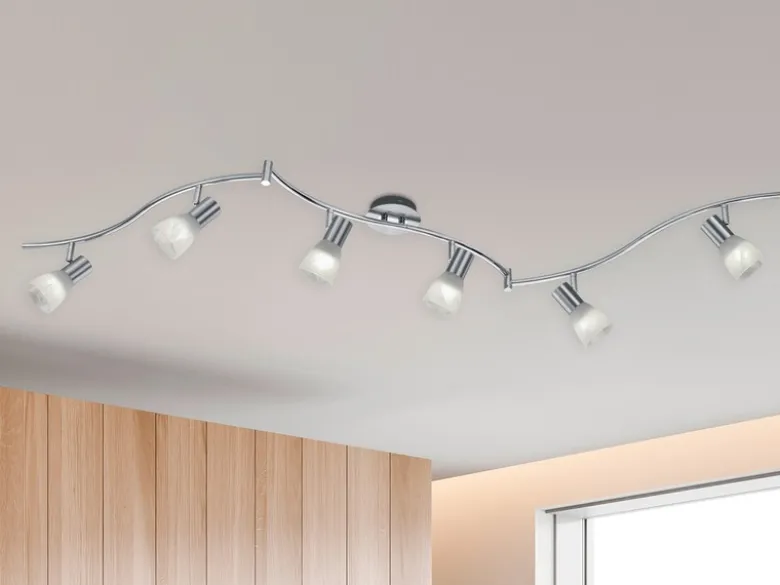 LED Deckenstrahler LEVISTO 6-flammig Silber Glasschirme schwenkbar, Breite 180cm
