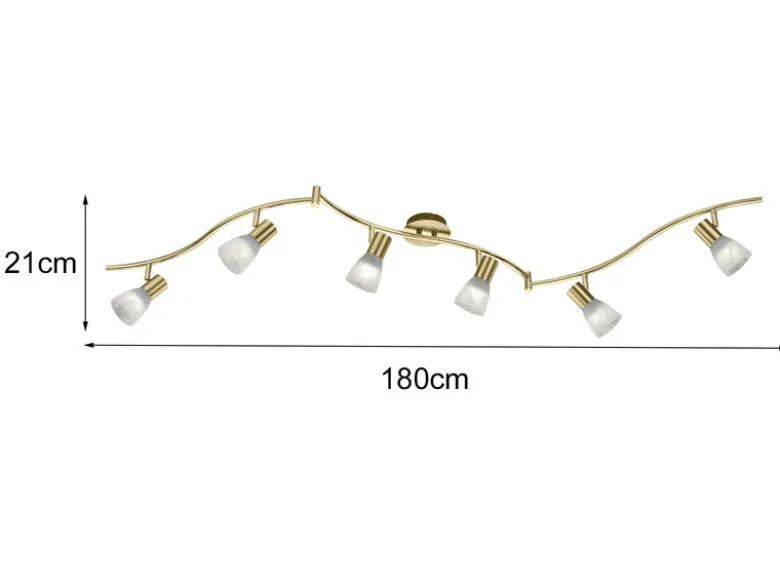 LED Deckenstrahler LEVISTO Messing 6-flammig mit Glasschirmen, Breite 180cm