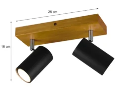 LED Deckenstrahler Schwarz mit Holz 2-flammig, Breite 26cm