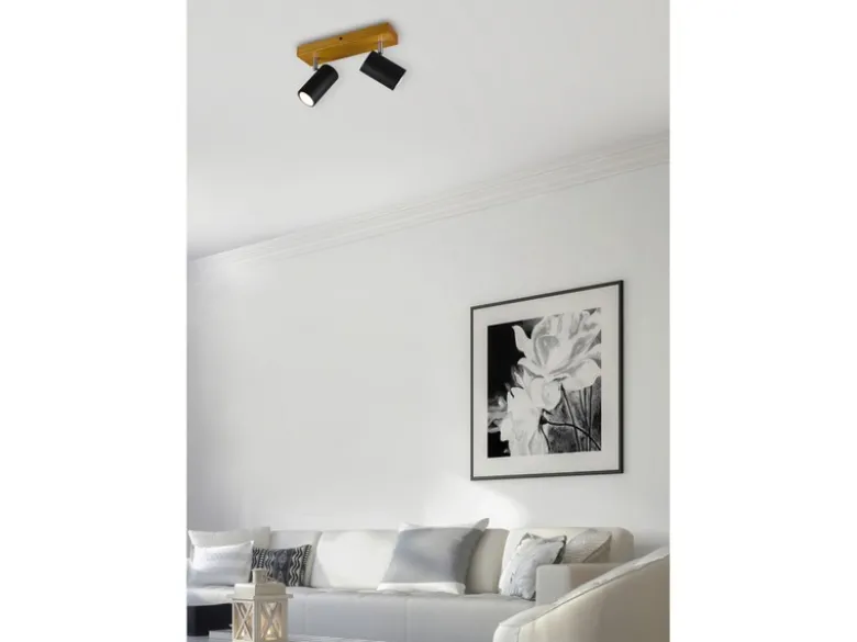 LED Deckenstrahler Schwarz mit Holz 2-flammig, Breite 26cm