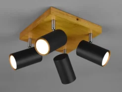 LED Deckenstrahler Schwarz mit Holz 4-flammig, Quadrat 22cm