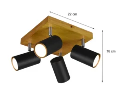 LED Deckenstrahler Schwarz mit Holz 4-flammig, Quadrat 22cm