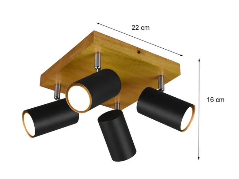 LED Deckenstrahler Schwarz mit Holz 4-flammig, Quadrat 22cm