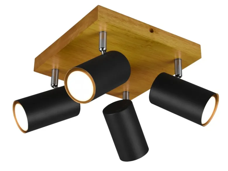 LED Deckenstrahler Schwarz mit Holz 4-flammig, Quadrat 22cm