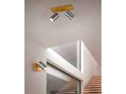 LED Deckenstrahler Silber mit Holz 2-flammig, Breite 25cm